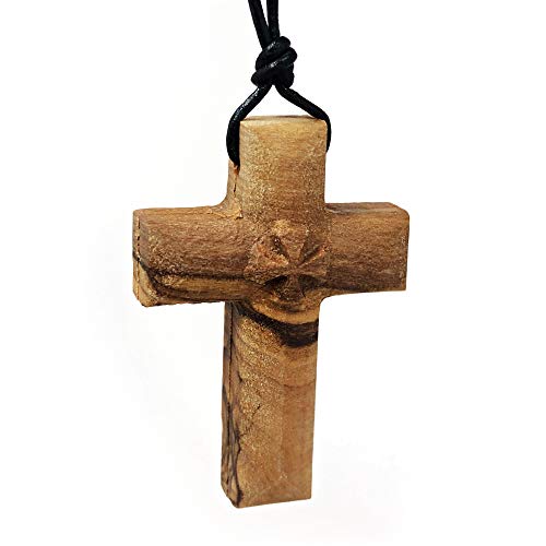 Colgante de cruz maltesa de madera de olivo maciza en collar de cuero ajustable de 81 cm para hombres y mujeres, cordón de cuero marrón o...