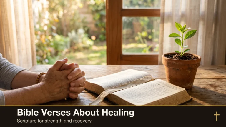 Aged hands clasped in prayer beside an open Bible with a young green sprout in warm restorative light — Bible verses about healing, strength and recovery