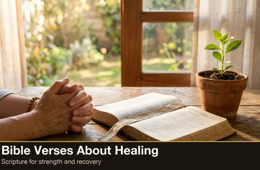 Aged hands clasped in prayer beside an open Bible with a young green sprout in warm restorative light — Bible verses about healing, strength and recovery