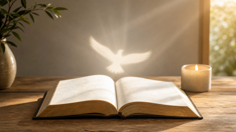 Biblia abierta con una vela encendida para acompañar la oración al Espíritu Santo