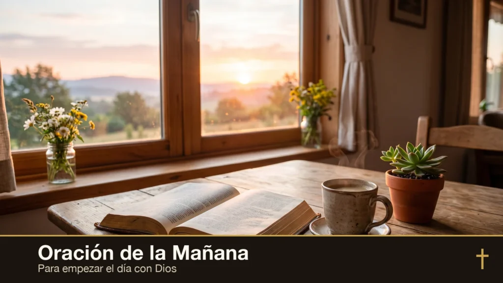 Oración de la mañana: Biblia abierta, taza de café humeante y luz dorada del amanecer junto a la ventana para empezar el día con Dios