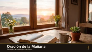Oración de la mañana: Biblia abierta, taza de café humeante y luz dorada del amanecer junto a la ventana para empezar el día con Dios