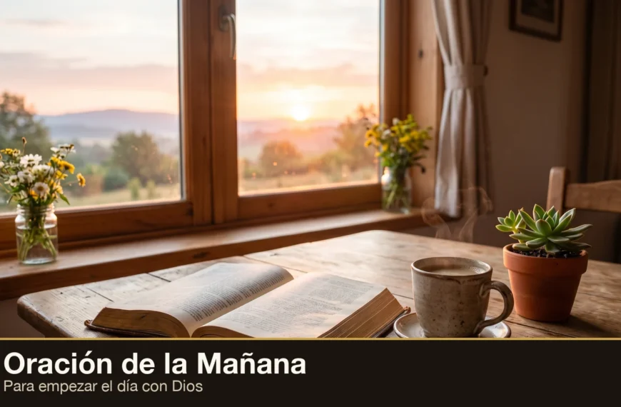 Oración de la mañana: Biblia abierta, taza de café humeante y luz dorada del amanecer junto a la ventana para empezar el día con Dios