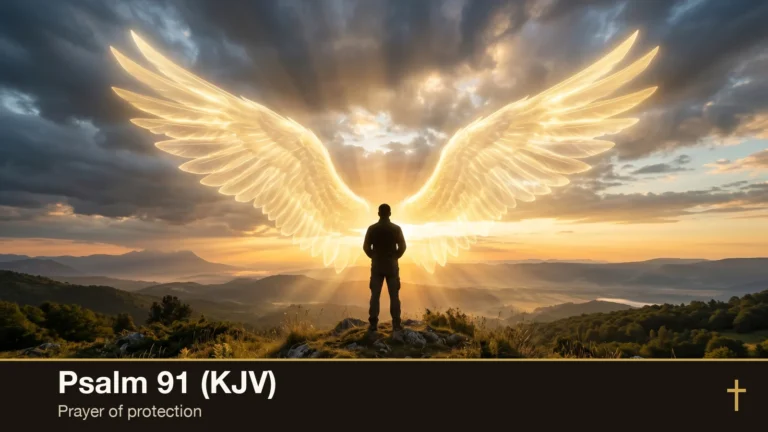 A man on a hilltop sheltered beneath great glowing wings of light as golden rays break through storm clouds at dawn — Psalm 91, prayer of protection (KJV)