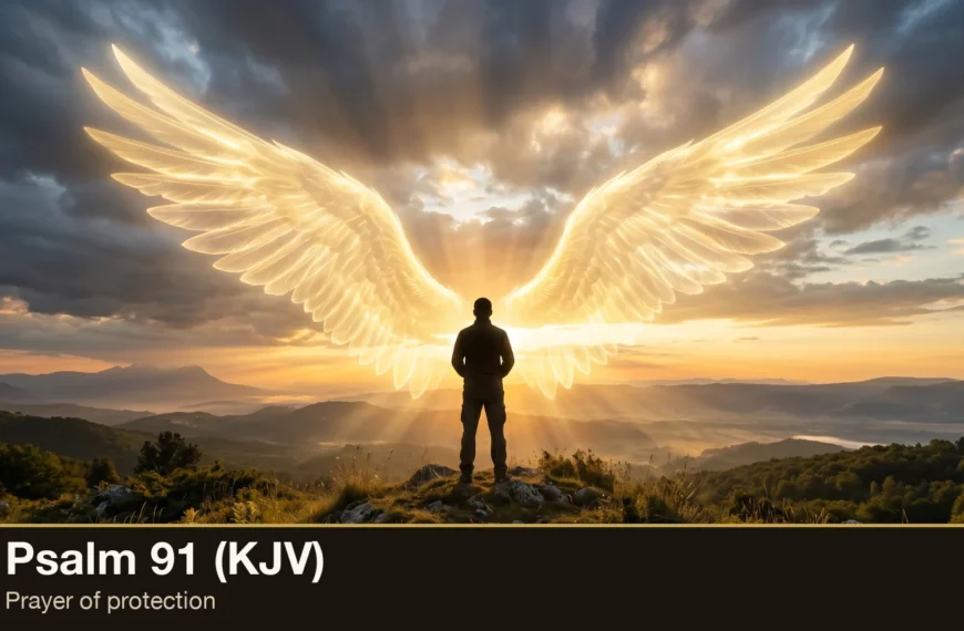 A man on a hilltop sheltered beneath great glowing wings of light as golden rays break through storm clouds at dawn — Psalm 91, prayer of protection (KJV)