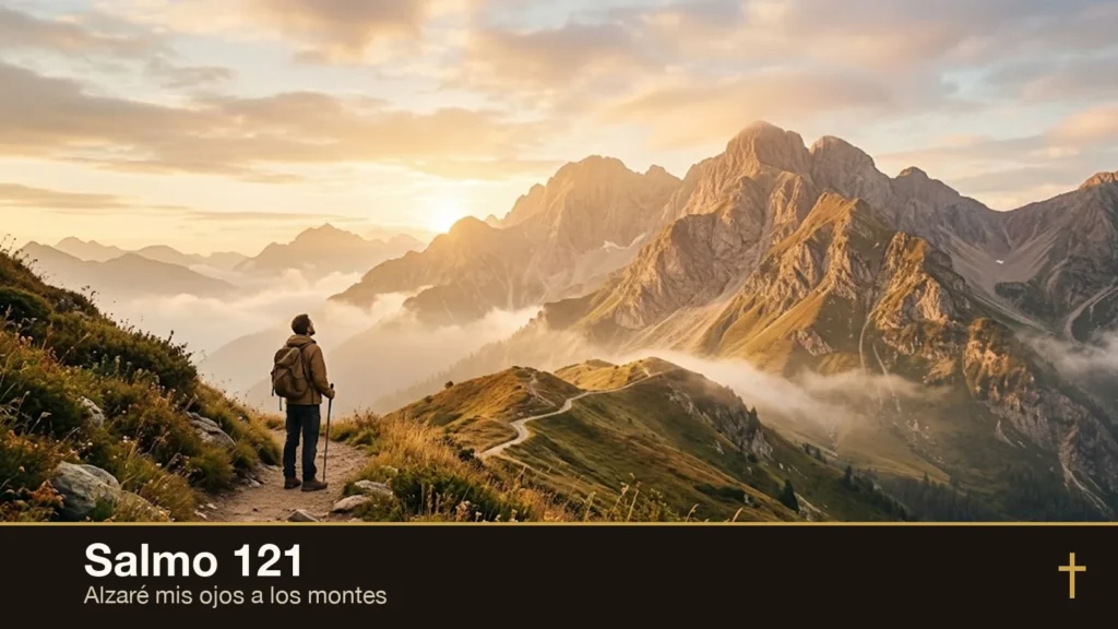 Salmo 121: un peregrino alza la mirada hacia los montes al amanecer — Alzaré mis ojos a los montes