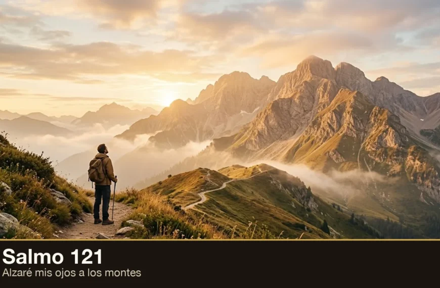 Salmo 121: un peregrino alza la mirada hacia los montes al amanecer — Alzaré mis ojos a los montes
