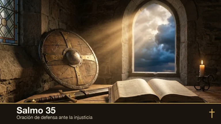 Salmo 35: escudo, espada y Biblia abierta en una fortaleza con luz atravesando la tormenta — oración de defensa ante la injusticia