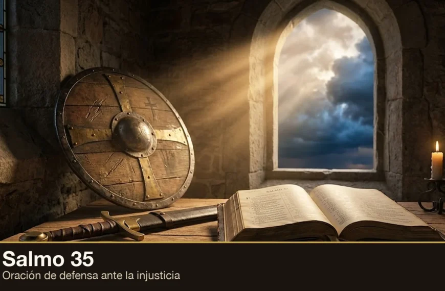 Salmo 35: escudo, espada y Biblia abierta en una fortaleza con luz atravesando la tormenta — oración de defensa ante la injusticia