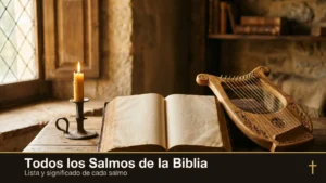 Biblia antigua abierta junto a un arpa de madera del rey David y una vela encendida con luz dorada — todos los Salmos de la Biblia