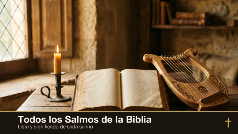 Biblia antigua abierta junto a un arpa de madera del rey David y una vela encendida con luz dorada — todos los Salmos de la Biblia