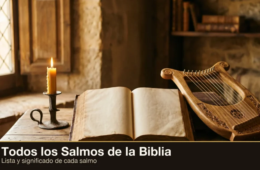 Biblia antigua abierta junto a un arpa de madera del rey David y una vela encendida con luz dorada — todos los Salmos de la Biblia